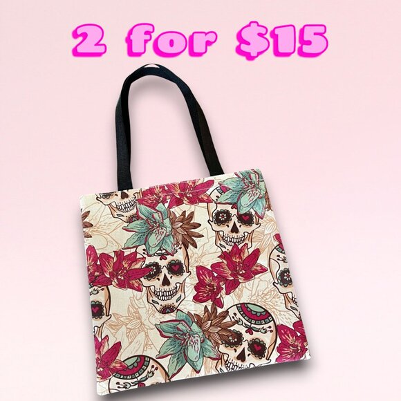 Sugar Skulls Floral Goth Painted Fabric Tote Casual Everyday Tote - Picture 1 of 5